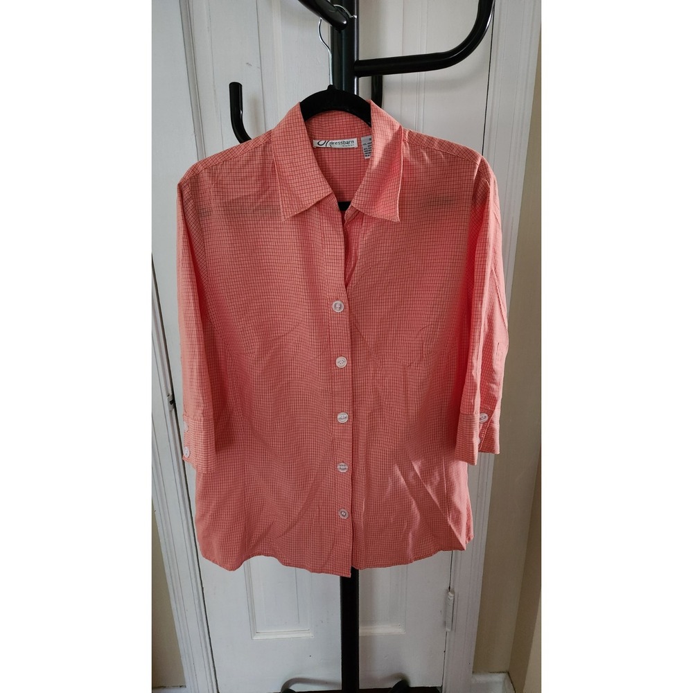 Dressbarn Womens Shirt XL Plaid Orange 3/4 Long Sleeves Button Up Lightweight